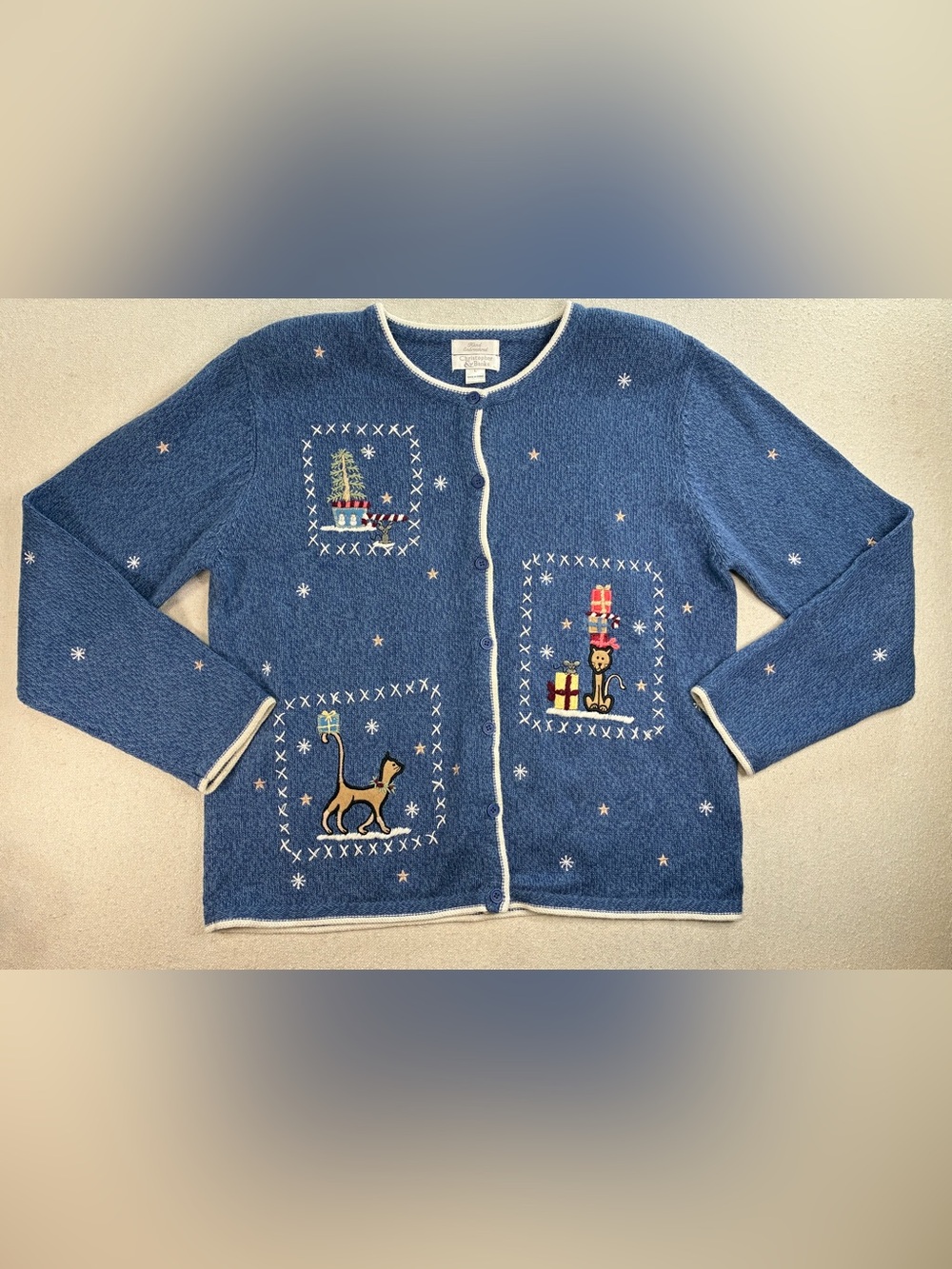 Vintage 2003 Christopher & Banks Christmas Cat Cardigan Sweater L Embroidered